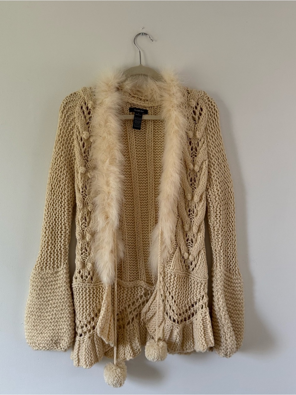 Snow Bunny Faux Fur Trim Chunky Knit Cardigan | Cottagecore Boho Aspen Sweater